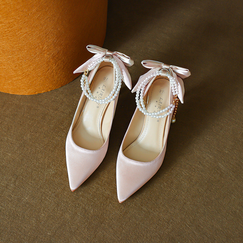 Stiletto Pointed Toe Pearls Strap High Heels