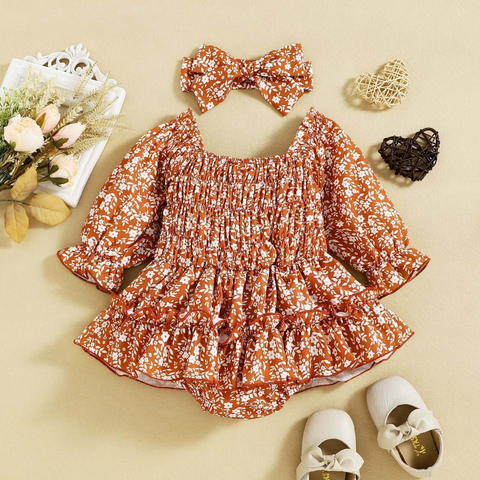 Infant Autumn Floral Chiffon Butterfly Cute Pastoral Style Baby Bodysuit Dress