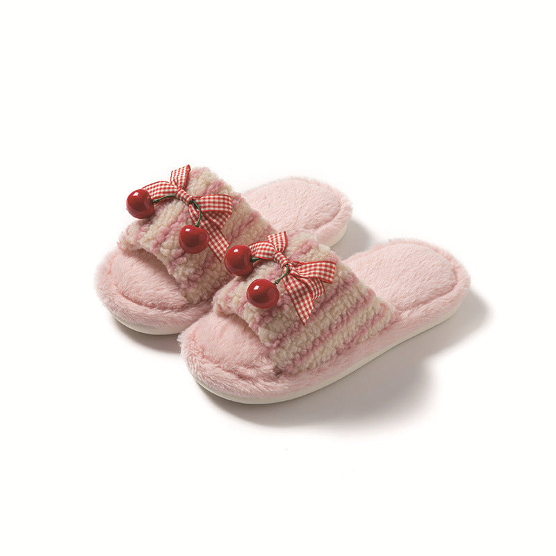 Contrast Color Cherry Open Plush Slippers