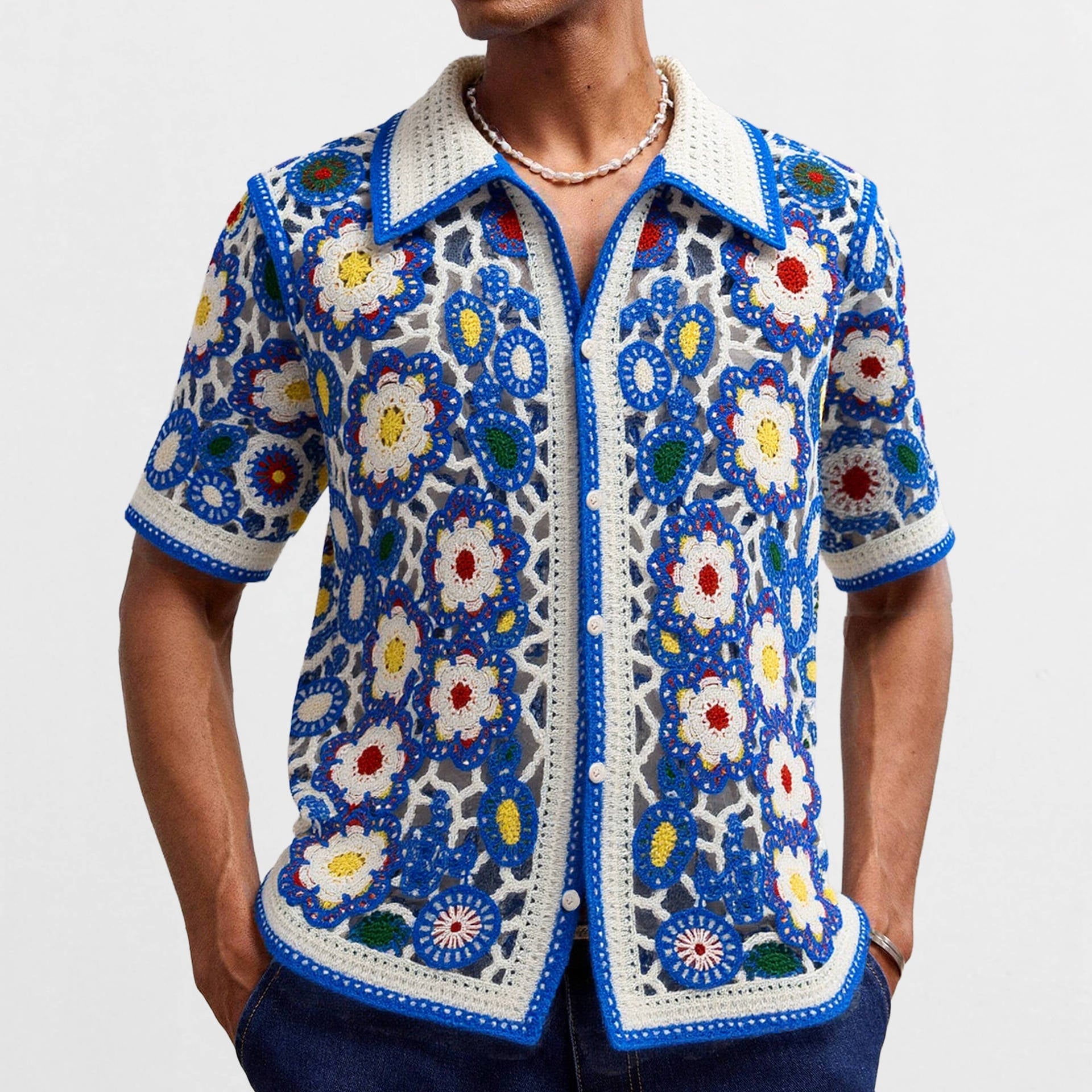 Ethnic Style Crochet Knitted Shirt Short Sleeved