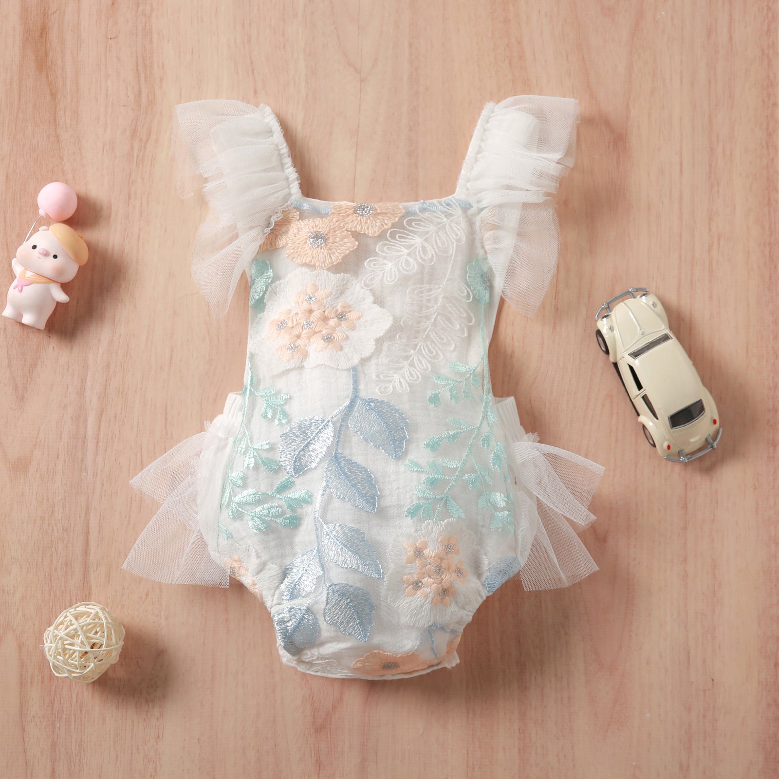 Baby Girl Romper Lace Sleeve Embroidered  Back Tulle Jumpsuit