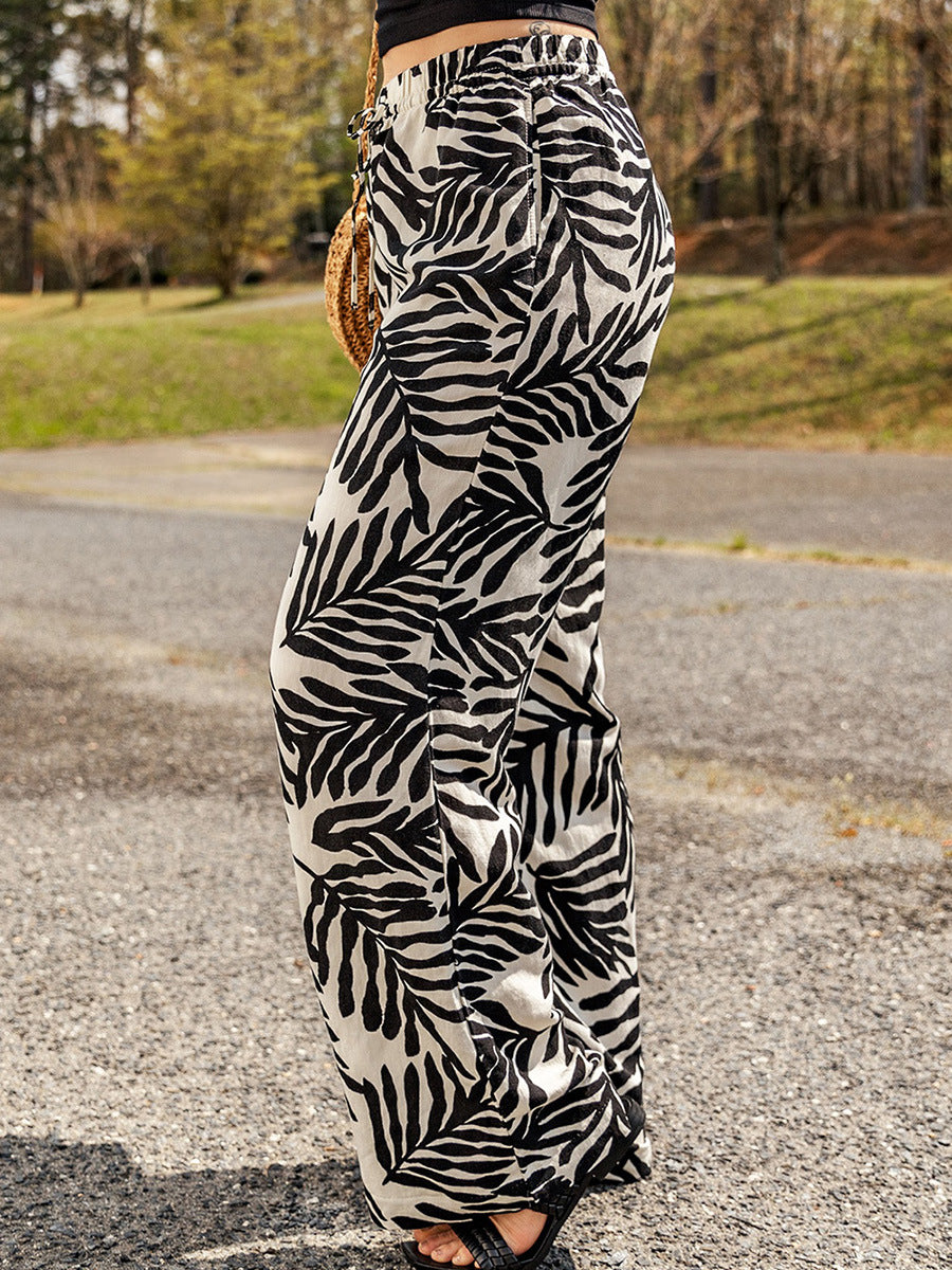 Drawstring High Waist Casual Green Leaf Printed Wide Leg Pants
