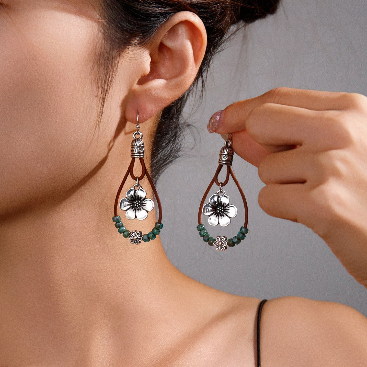 Vintage Earrings Ethnic Style Antique Silver Flower Turquoise Rope Pendant Women's Jewelry