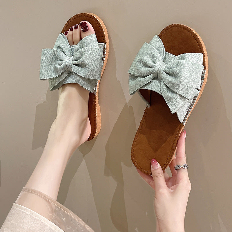Women's Slip-on Cloth Sandals Summer Soft Bottom Flat Heel Bow