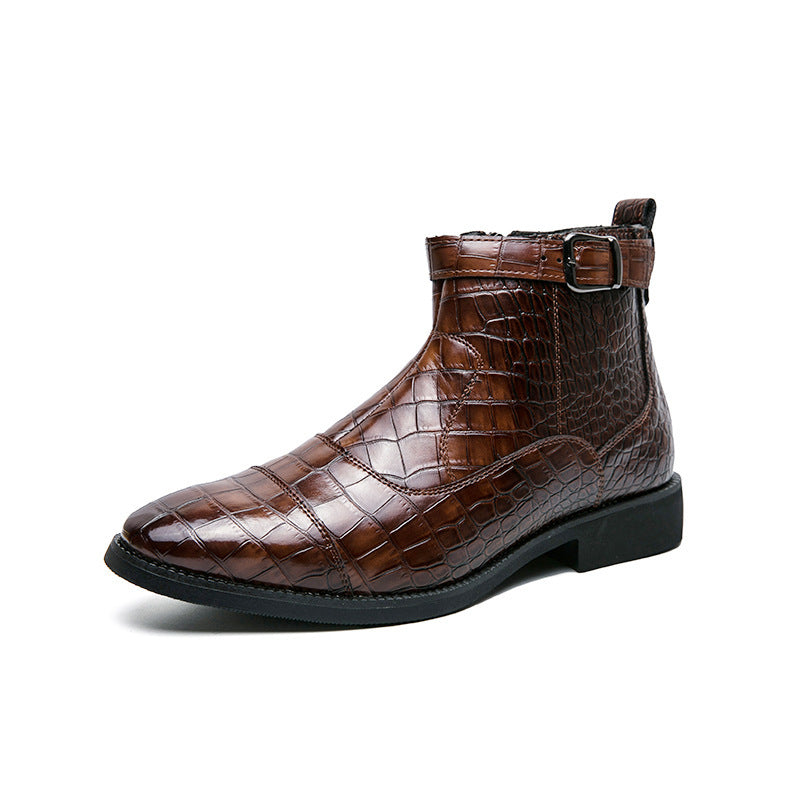 Men's Crocodile Pattern Boots Fashion Pointed Toe Low Square Heel Buckle Zipper Ankle Boots Business Formal Leather Shoes   (Available)