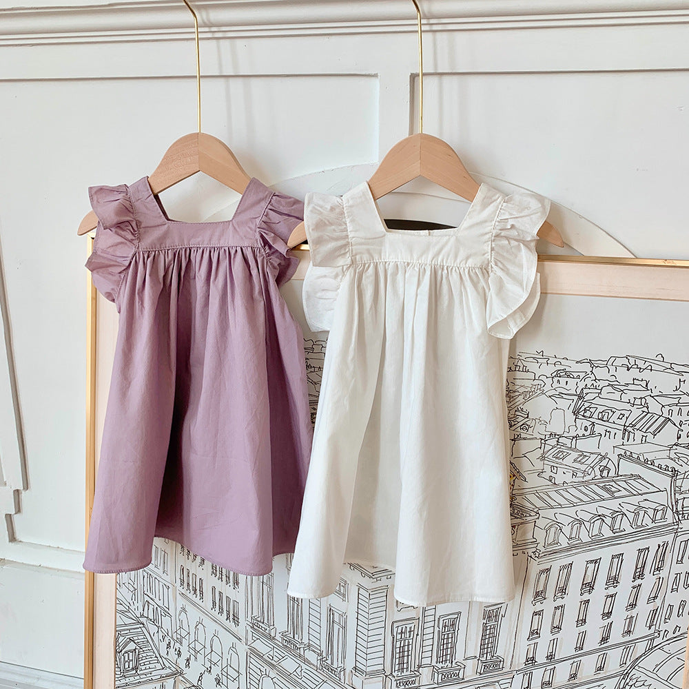 Ruffled Girls' Cotton Flying Sleeve Dress