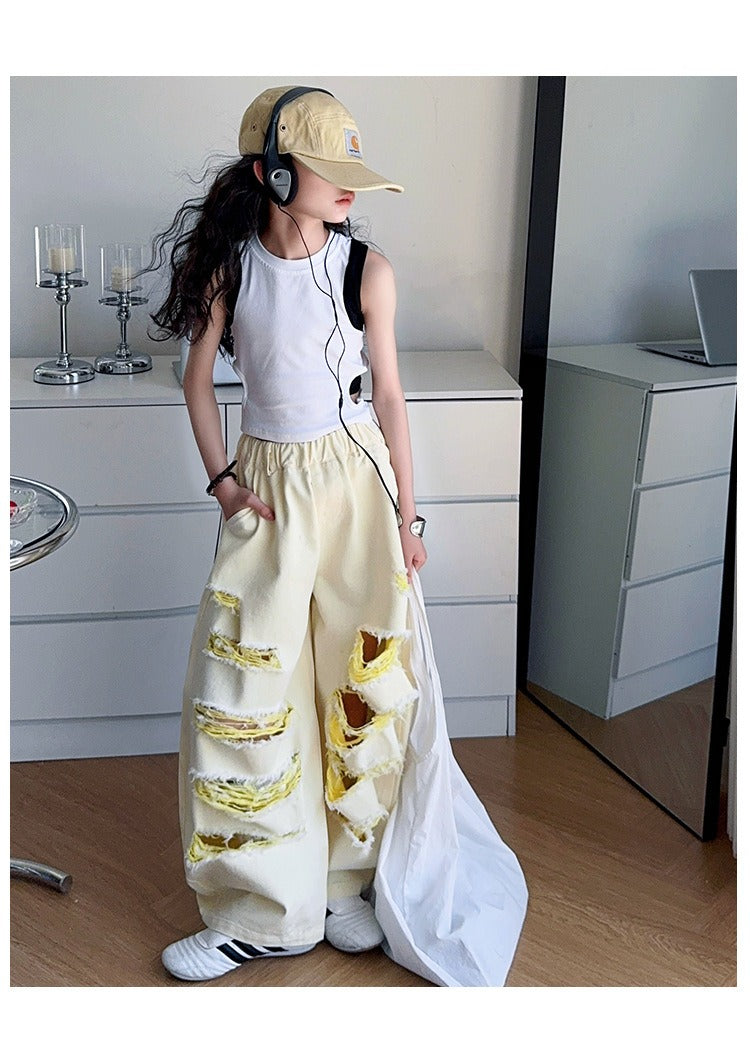 Trendy Cool Jeans Casual Vest Two-piece Set Ripped Pants