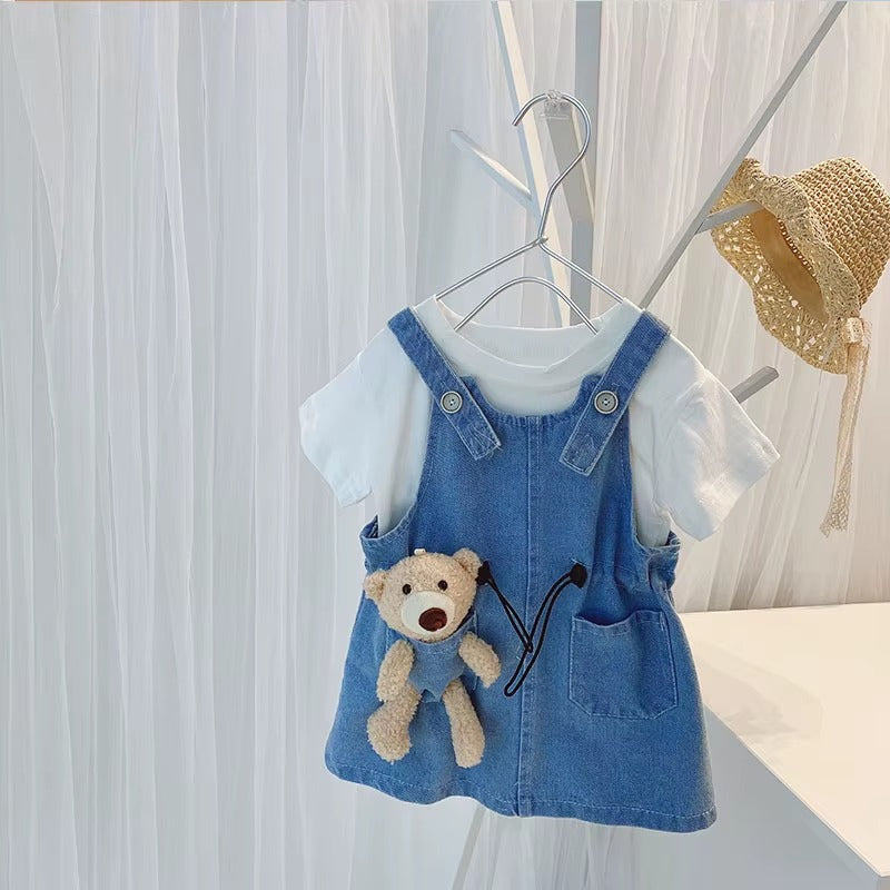 Girls Short Sleeve Top Suspender Dress Clothes Sets Summer Children Cotton T-Shirt Denim Dress 2pcs Outfit Bear