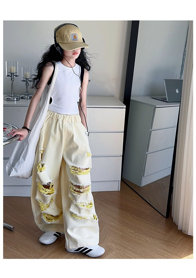 Trendy Cool Jeans Casual Vest Two-piece Set Ripped Pants