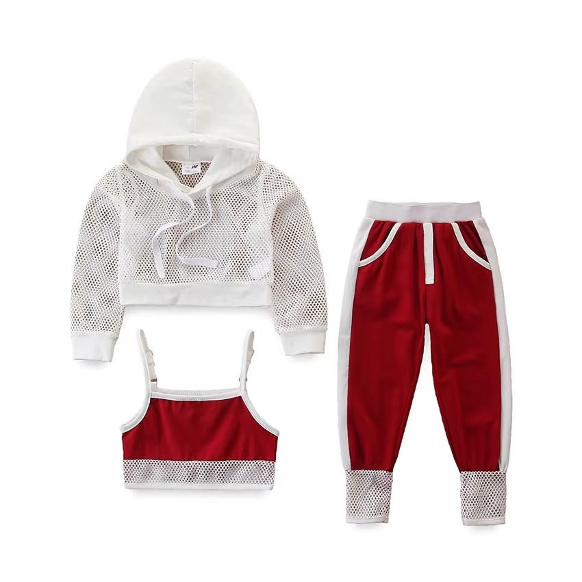 European American Fashionable Mesh Hoodie + Suspenders + Camouflage Pants Children's Summer Sports Three-piece Clothing Se