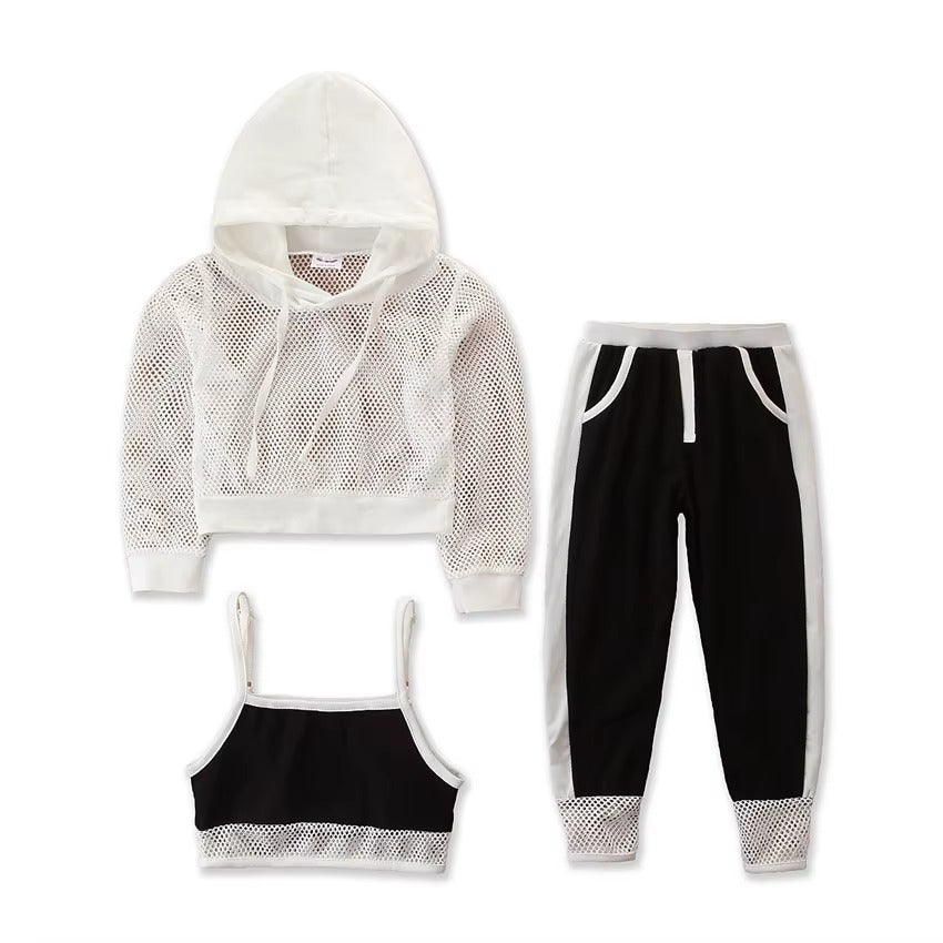 European American Fashionable Mesh Hoodie + Suspenders + Camouflage Pants Children's Summer Sports Three-piece Clothing Se