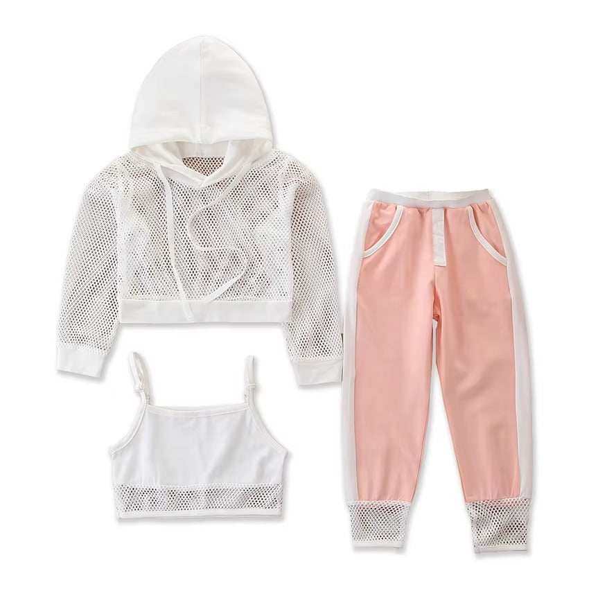 European American Fashionable Mesh Hoodie + Suspenders + Camouflage Pants Children's Summer Sports Three-piece Clothing Se