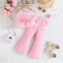 Solid Color Rose Flower Top Mesh + Flared Trousers Fashion Set