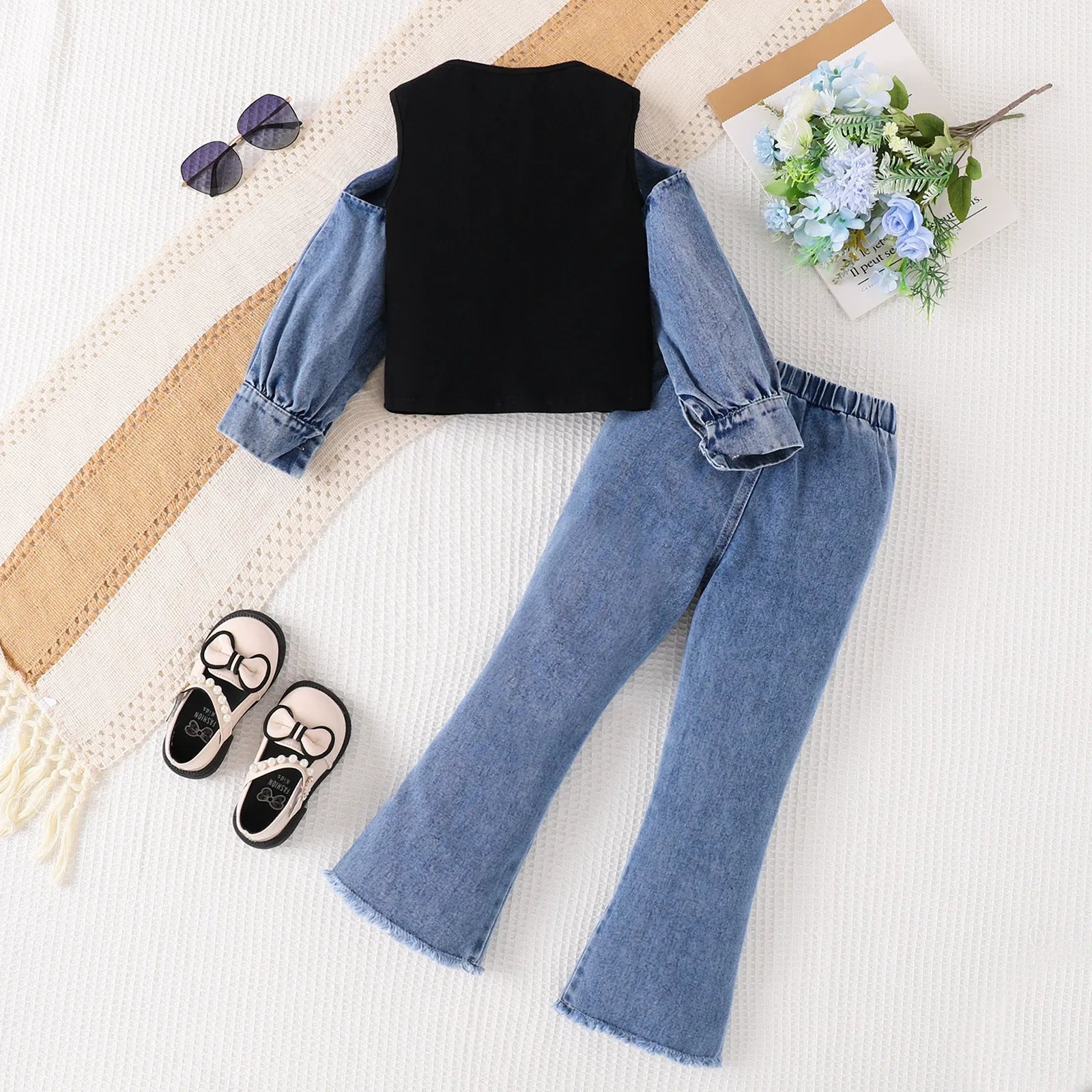 Two-piece tops with flared denim trousers two-piece set
