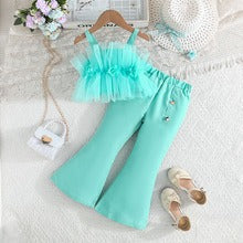 Solid Color Rose Flower Top Mesh + Flared Trousers Fashion Set