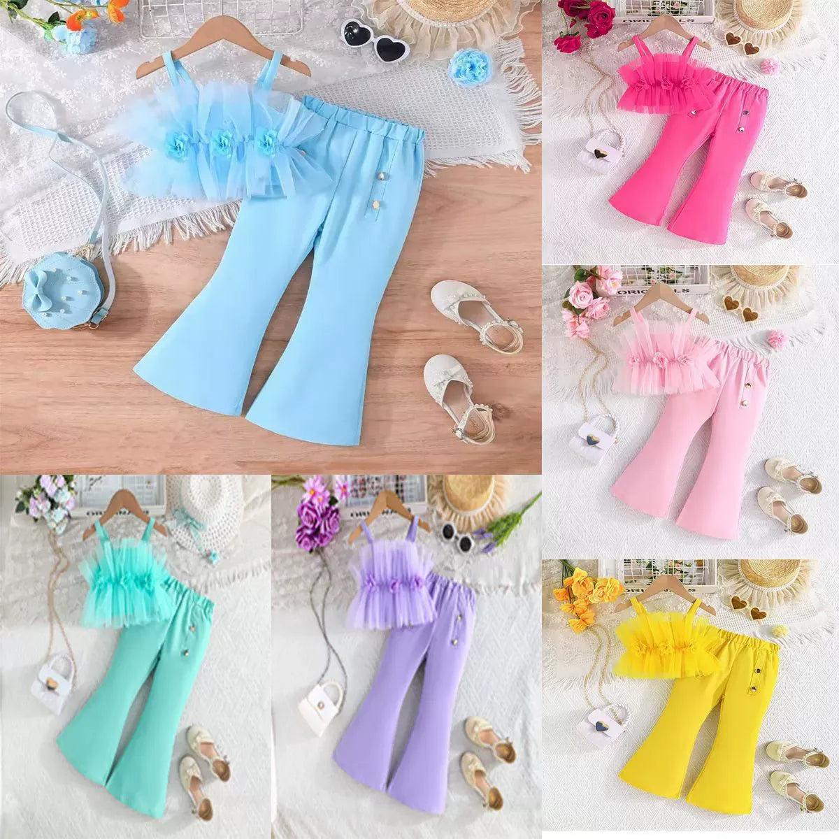 Solid Color Rose Flower Top Mesh + Flared Trousers Fashion Set