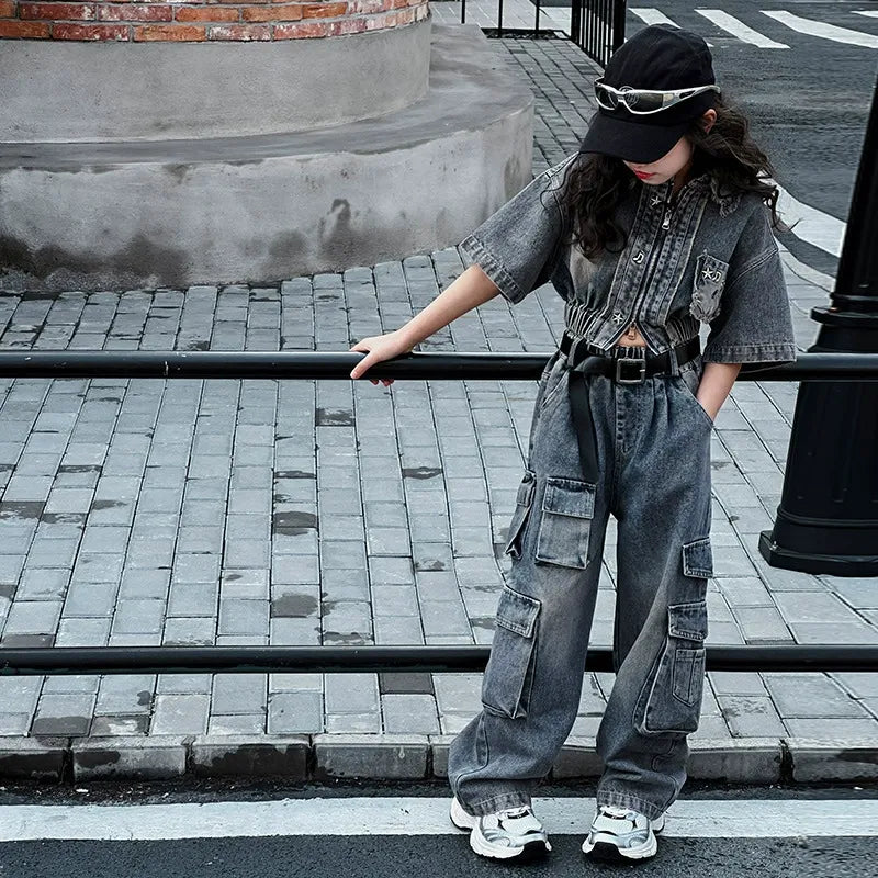 hildren's Korean style cool overalls two-piece suit