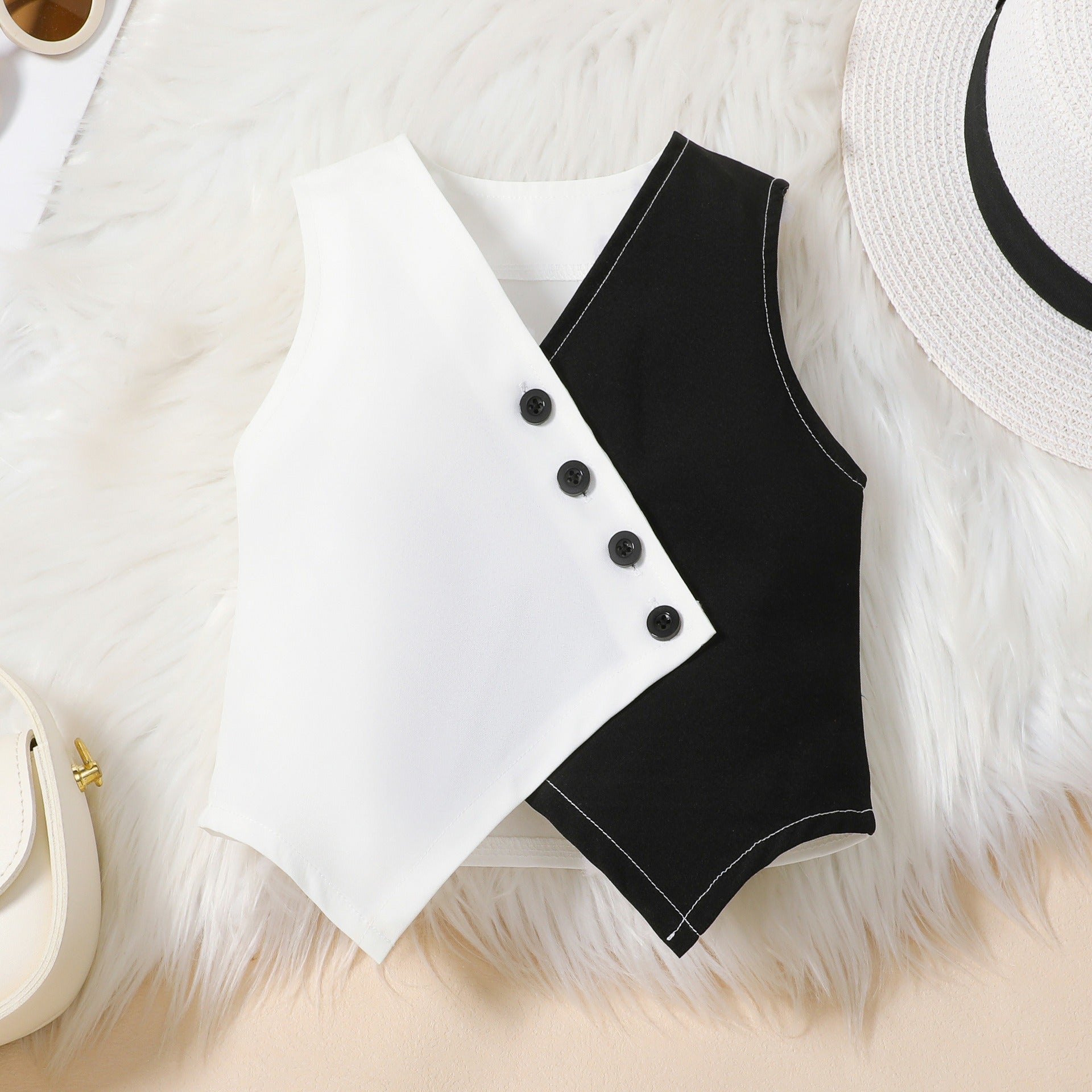 V-neck waistcoat vest top + solid color wide-leg trousers set