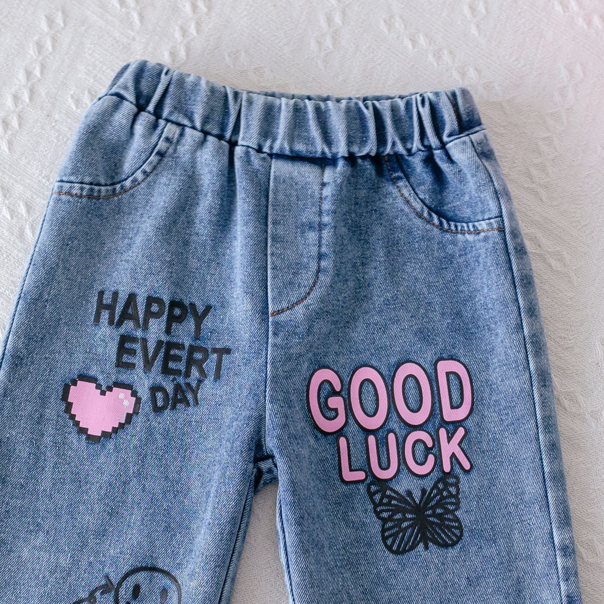 striped cardigan long-sleeved shirt + letter heart print denim trousers suit