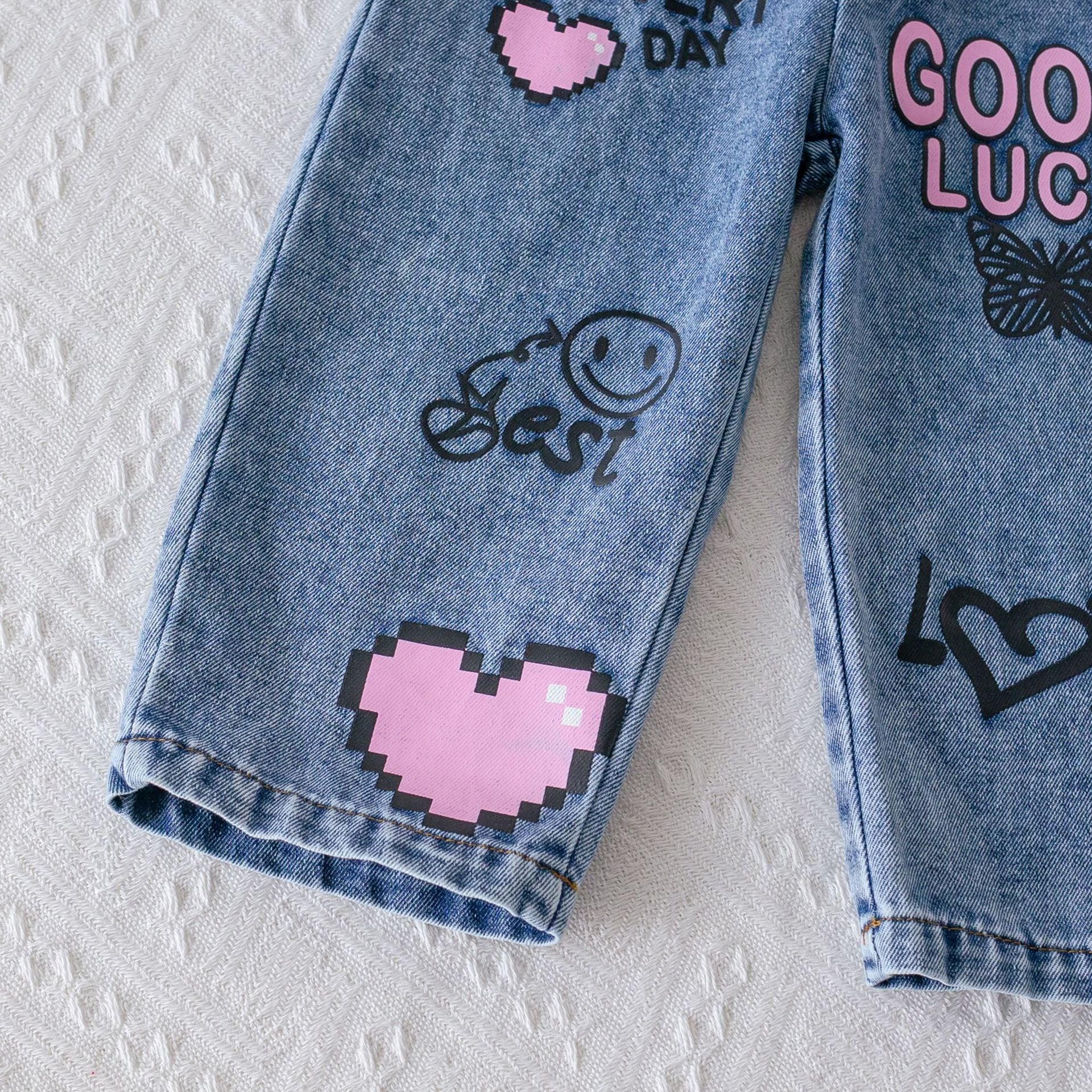 striped cardigan long-sleeved shirt + letter heart print denim trousers suit