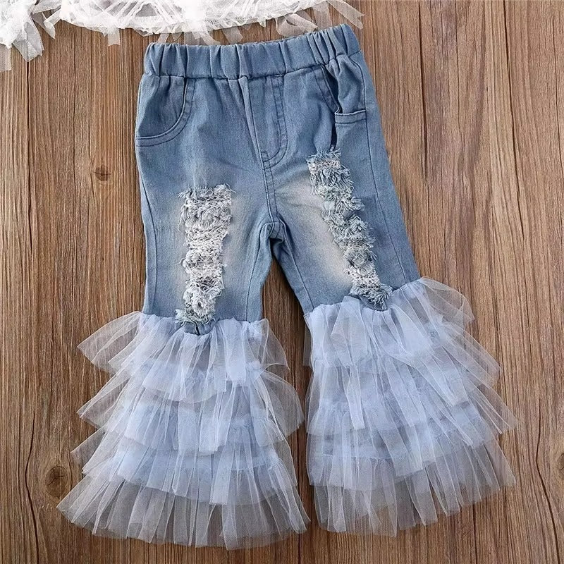 1-5Y Kids Clothing Spring and Summer 60%Cotton One-shoulder Tops + Jeans Flared Pants Girls Clothes Sets