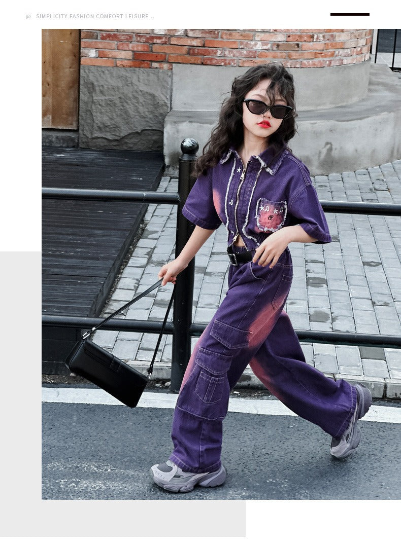 hildren's Korean style cool overalls two-piece suit