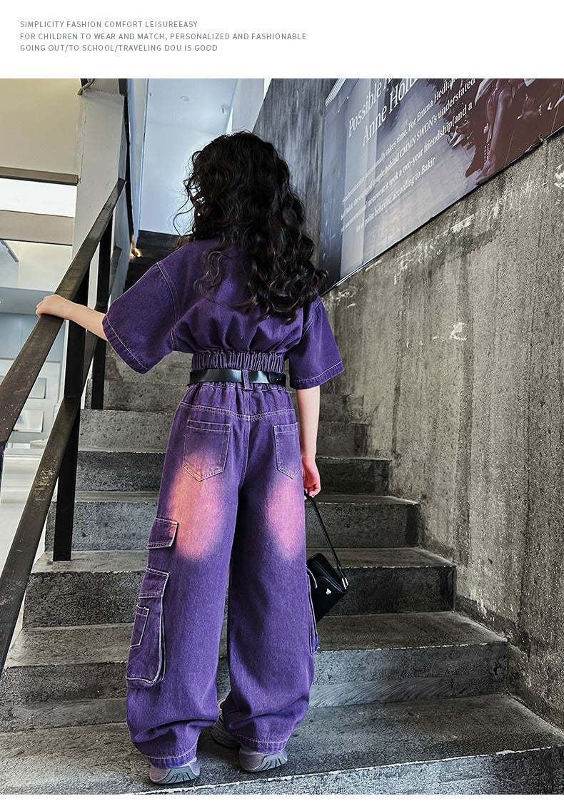 hildren's Korean style cool overalls two-piece suit