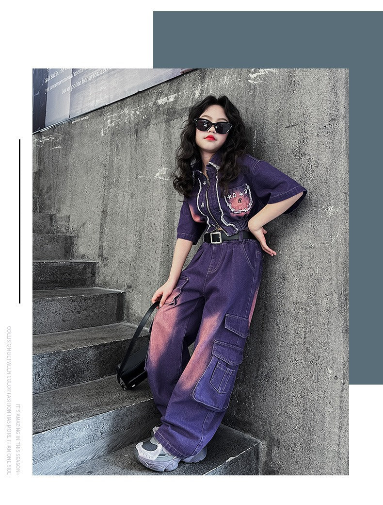 hildren's Korean style cool overalls two-piece suit