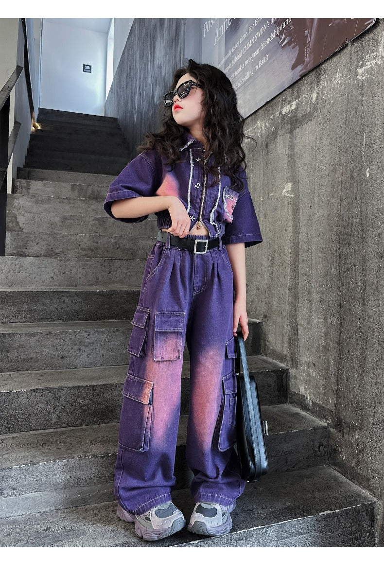hildren's Korean style cool overalls two-piece suit