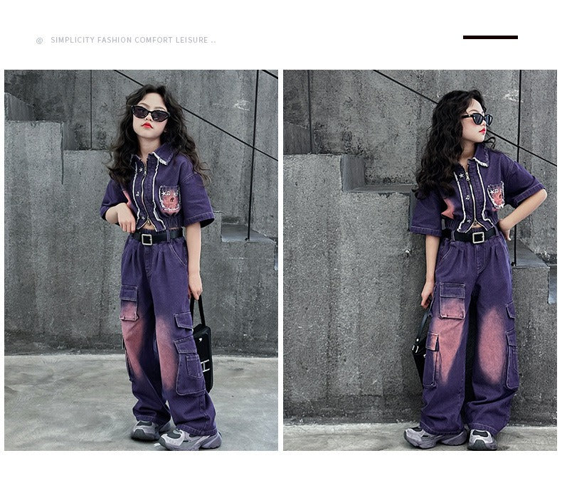 hildren's Korean style cool overalls two-piece suit