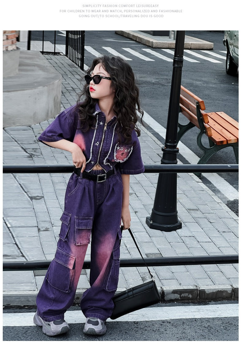 hildren's Korean style cool overalls two-piece suit