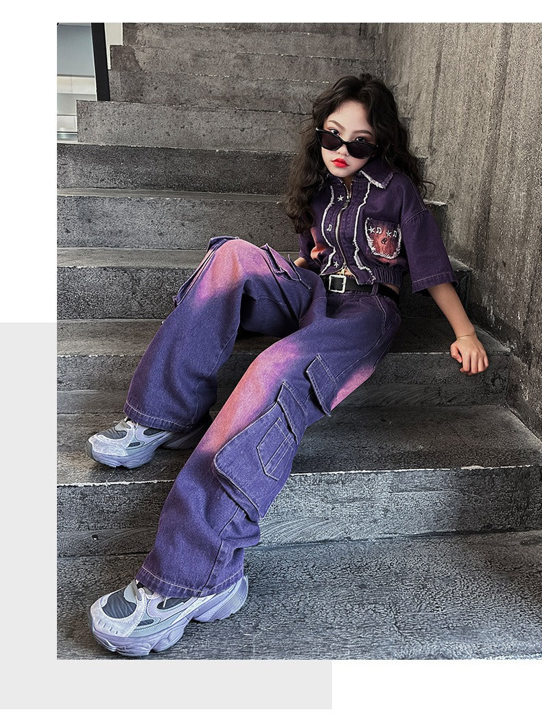hildren's Korean style cool overalls two-piece suit