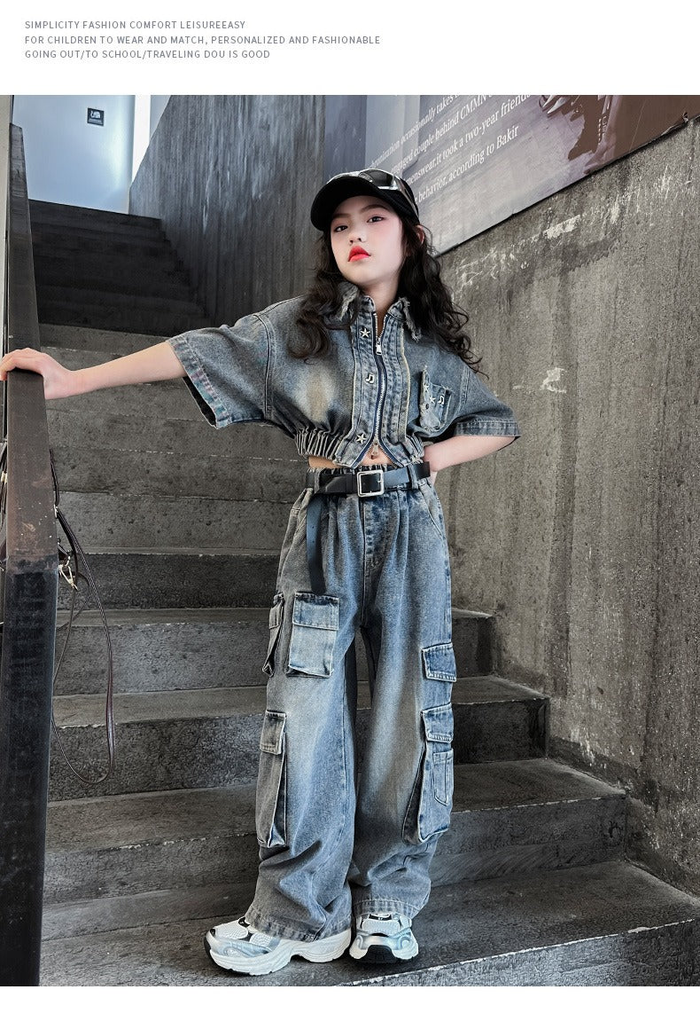 hildren's Korean style cool overalls two-piece suit