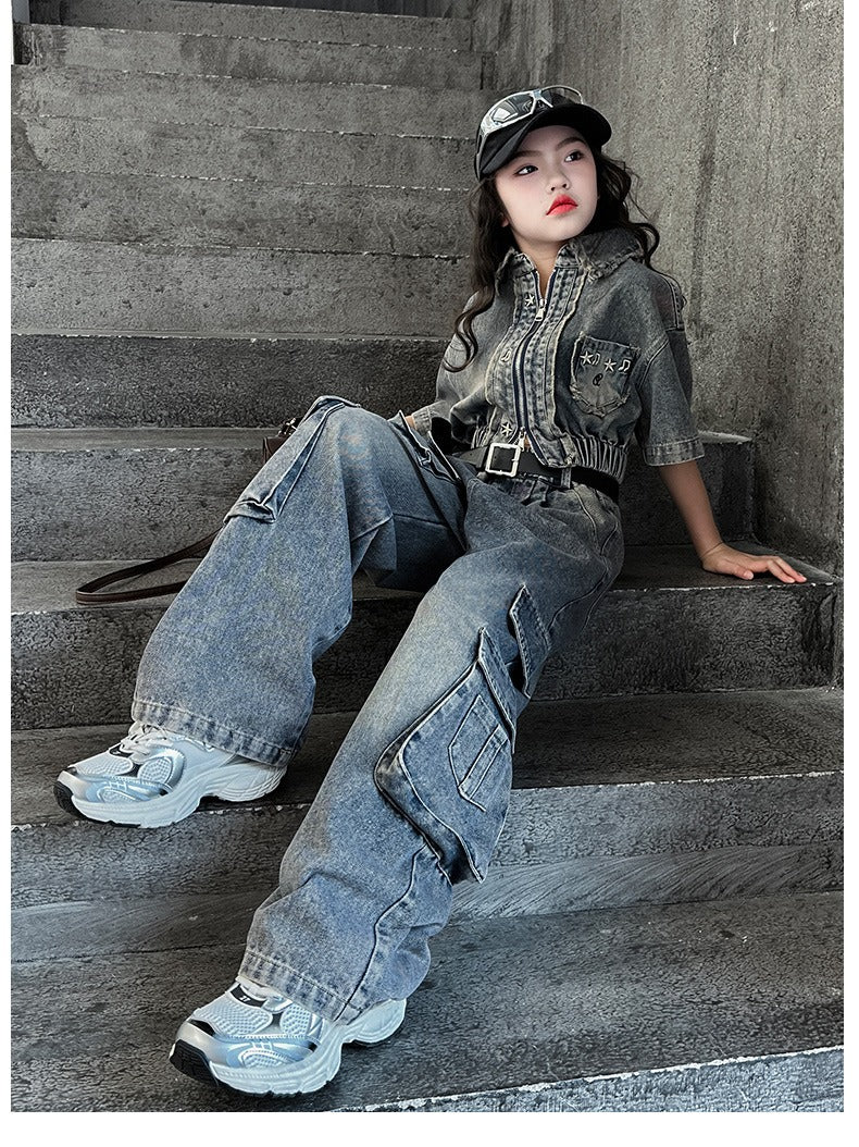 hildren's Korean style cool overalls two-piece suit