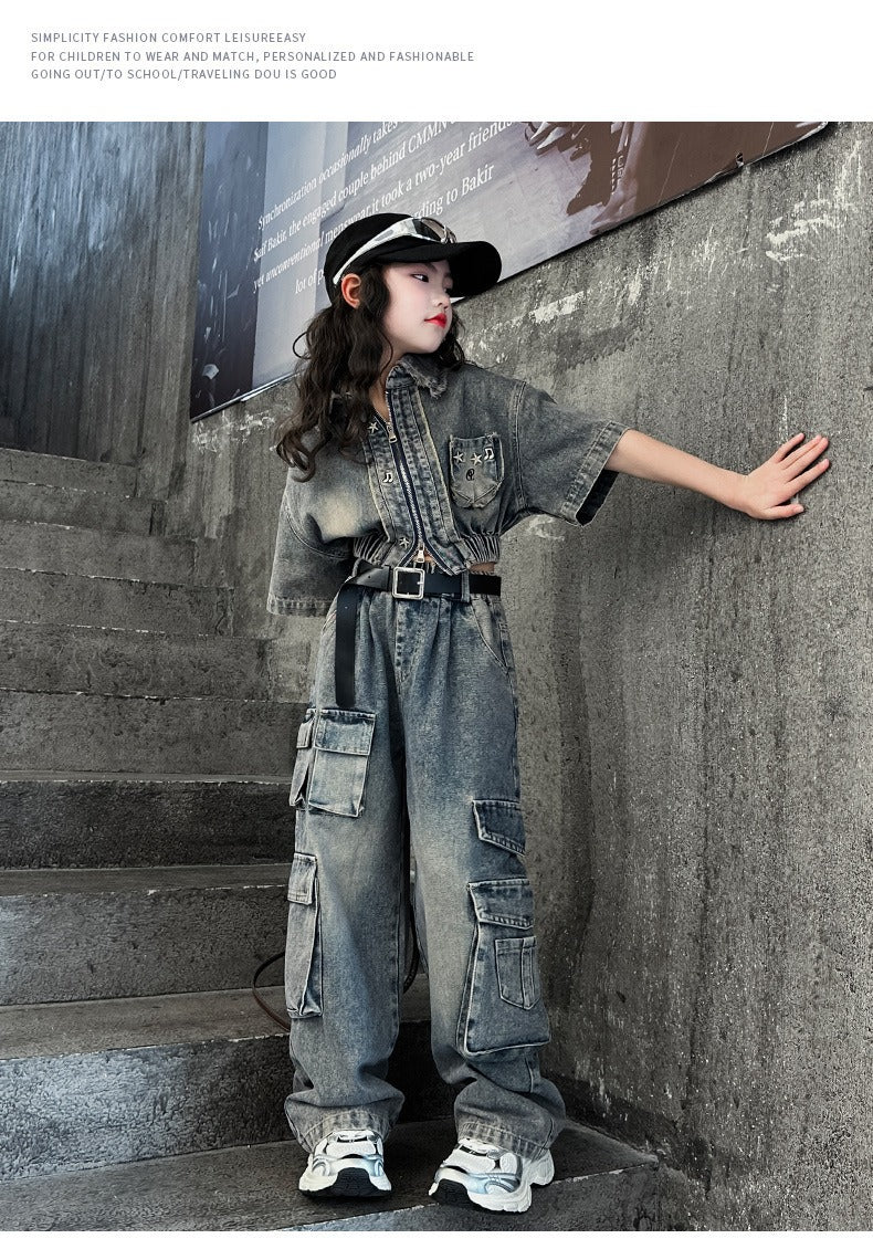hildren's Korean style cool overalls two-piece suit