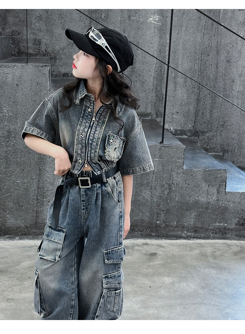 hildren's Korean style cool overalls two-piece suit