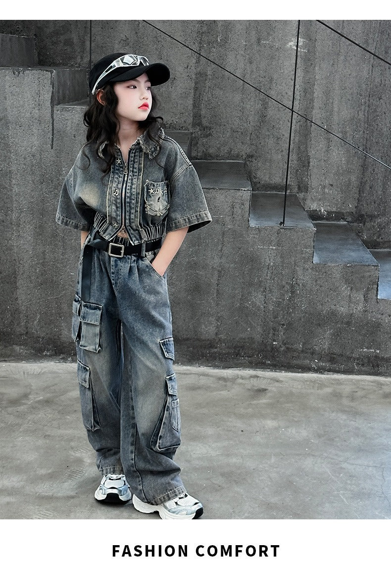 hildren's Korean style cool overalls two-piece suit