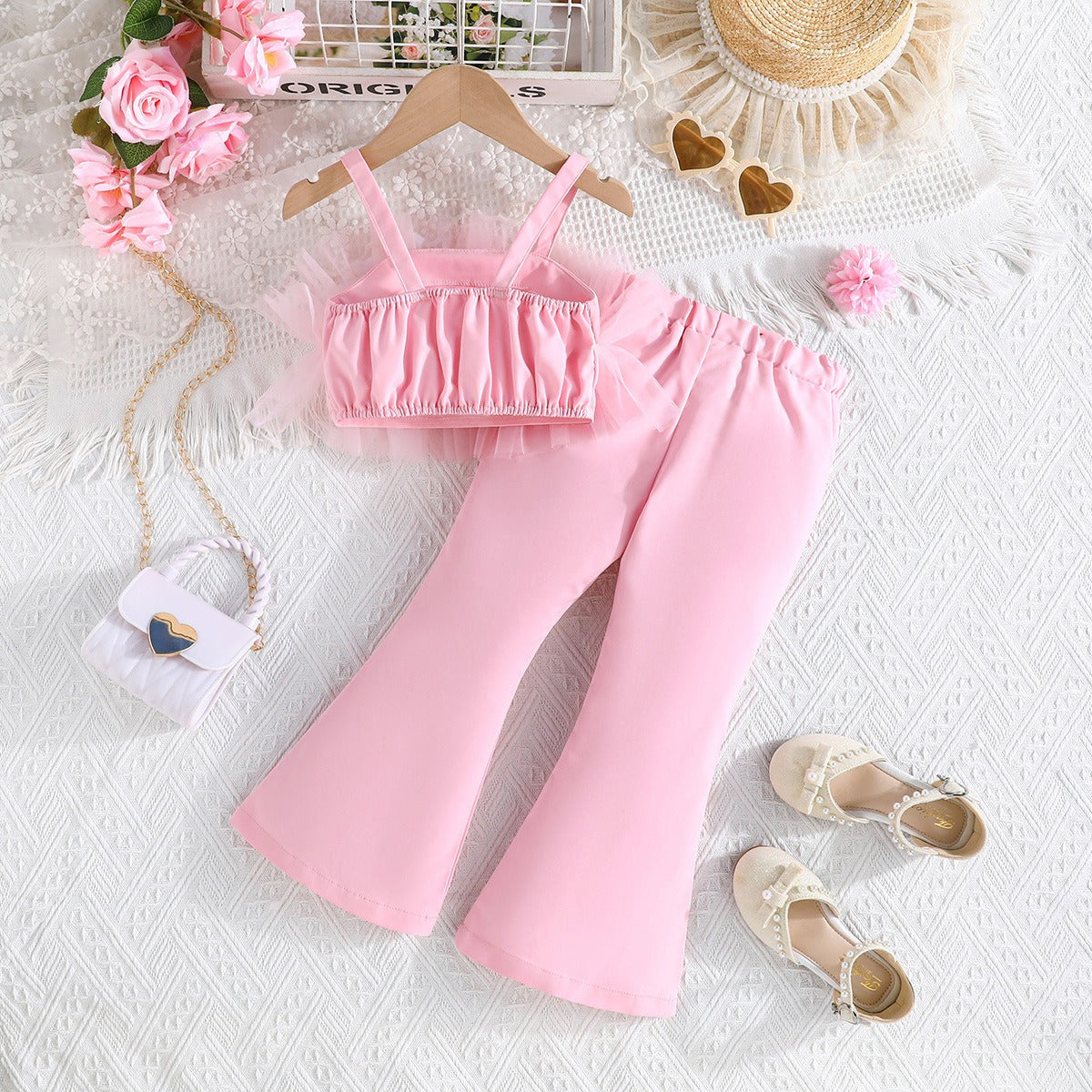 Solid Color Rose Flower Top Mesh + Flared Trousers Fashion Set