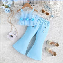 Solid Color Rose Flower Top Mesh + Flared Trousers Fashion Set