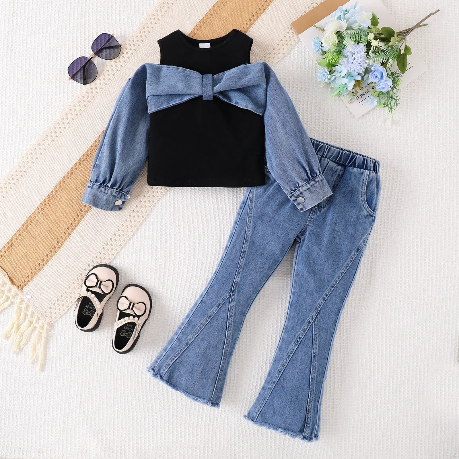 Two-piece tops with flared denim trousers two-piece set