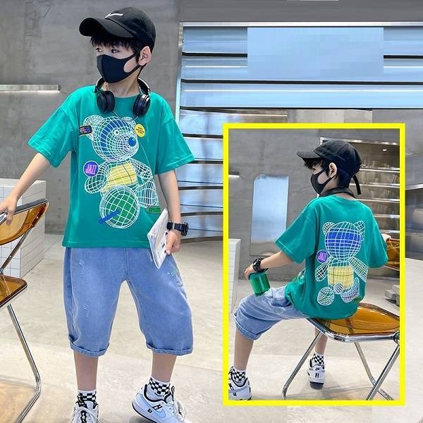 Colorful Bear Print Children's Short-sleeved T-shirt Boys loose Off-shoulder Fashion Dress (Available)